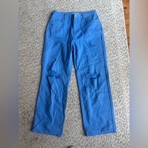 Porter Collective 100% Cotton Bright Blue Wide Leg Distressed Pants, size M